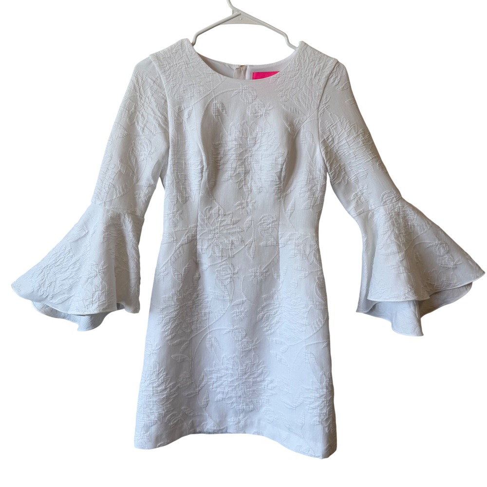 Lilly Pulitzer Cotton Shift Dress 0 White Floral Bell Sleeve‎ Matelasse Bridal